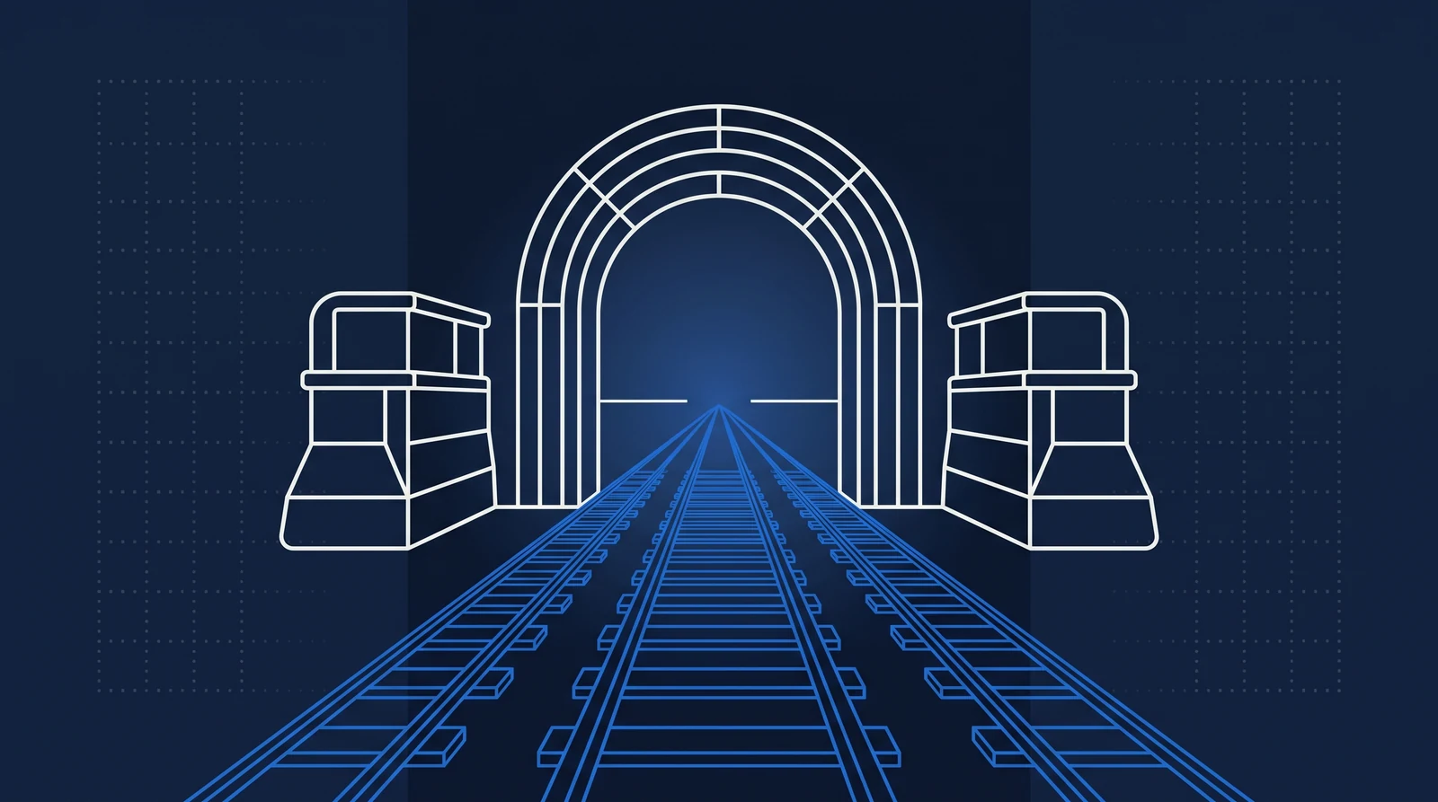 Illustration : une porte de ville en arc, flanquée de deux bastions, traversée par des voies ferrées filant vers l’horizon.